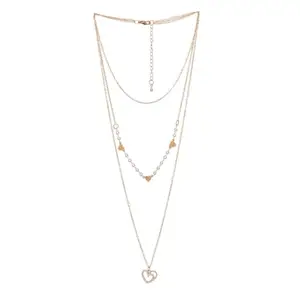 Ayesha Chic & Trendy Three Layered Gold Necklace with Two Hearts Pendant and Diamante