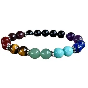 RRJEWELZ Natural 7 Chakra Stone & Black Tourmaline 8mm Round Shape Smooth Cut Beads 8 Inch Stretchable Bracelet For Men & Women. Unisex Bracelet For Healing, Meditation & Luck|STBR_RR_09676_8.0
