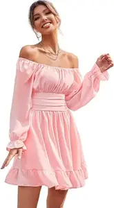 Seven Rocks Square Neck Babydoll Mini Dress with Puff Sleeves, Smocked Bodice, A-Line Swing Skirt, and Ruffle Hem Pink