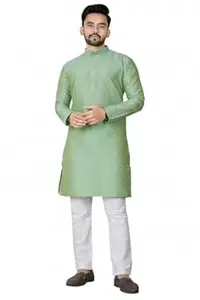 Conch Fashion Men’s Jacquard Pattern Kurta Pajama Set Traditional Ethnic Wear with Mandarin Collar Full Sleeve Knee Length Kurta and White Pajama for Wedding Festival Party