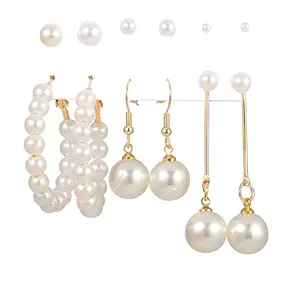 Amazon Brand - Anarva Korean Fashion Style Gold Plated Combo Of Pearl Studs Hoop Dangle Earrings Jewellery Set For Women Girls (6 Pair)