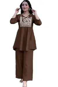 Women's Embroidered Rayon Tunic Kurti with Palazzo Set, Brown, Regular Fit Short Kurta Co Ord Set