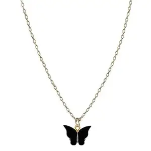 Dainty Butterfly Pendant Necklace, Gold Chain, Black Charm
