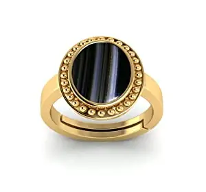 SIDHARTH GEMS Certified 15.25 Ratti / 14.00 Carat Natural Black Onyx Chalcedony Adjustable Ring (Sulemani Hakik Gold Plated Gemstone by Lab Certified(Top AAA+) Quality for Men and Women