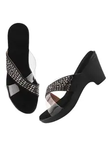 TRYME Ravishing Wedge Slip On Sandal Embellished Rhinestones & Transprent Strap Platform Party Heels For Womens & Girls