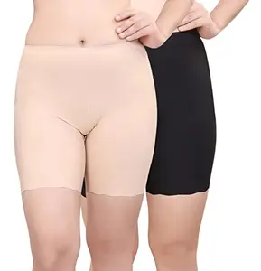 PLUMBURY® Women's/Girl's Seamless Smooth Ice Silk Boyshort Cycling Shorts Yoga Shorts Under Skirt Shorts Safety Shorts (Pack of 2) Black/Beige