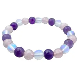 RRJEWELZ Natural Aura Quartz, Rose Quartz & Amethyst 8mm Round Shape Smooth Cut Beads 7 Inch Stretchable Bracelet For Men & Women. Unisex Bracelet For Healing, Meditation & Luck|STBR_RR_10649_7.0