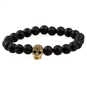 THE MEN THING LAVA SKULL GOLD TONE - Beads Bracelet with Natural Volcanic Stone - 7inch Stretch Bracelet