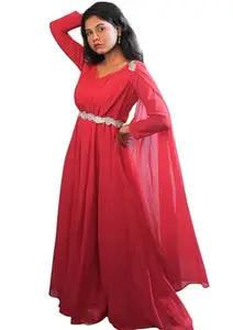 Fashindia Stunning Hot Pink Georgette Gown for Women - Elegant Pink Dress, Perfect for Parties and Birthdays - Pink Princess Ball Gown in Vibrant Hot Pink Shade (X-Large)