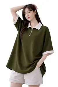 Dagcros Women's Oversized Polo Collar T-Shirt, Contrast Trim, Half Zip Front, Short Sleeve Tshirt for Women