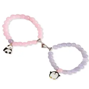 SUPER SOFTENER Magnetic Bracelets 2Pcs Love Heart Matching Panda Beads Bracelet Set Adjustable Bracelets for Men Women Couples Friends Gift Friendship - (Pack of 2) (Color Panda & Penguin)