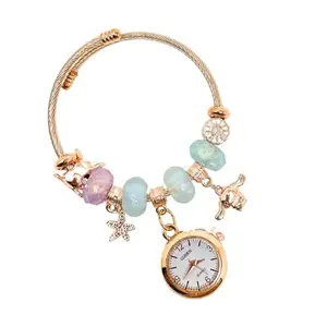 ZOVUTA Women and Girls Fashion Stainless Steel Beaded Adjustable Quartz Watch Bangle Jewellery Friendship Bracelet - Rose Gold with Sky Blue (Random Pearl Designs)