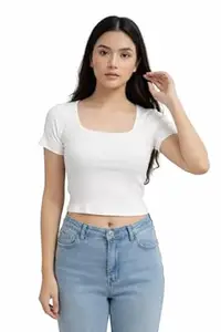 Cloth Bites Women’s White Crop Top Stylish Western – Casual Slim Fit Ribbed Crop Tee | Short Sleeve Scoop Neck Fitted Stretch T-Shirt