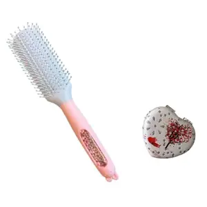 Pink Hairbrush and heart shape compact mirror combo gift set for grooming and makeup