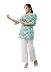 Shree Ji Textile White Short Kurti for Women | 3/4 Sleeve Cotton Ethnic Top | Casual Kurti for Jeans, Leggings & Palazzo