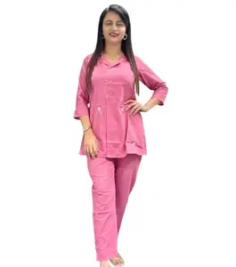 Women's Pink Cotton Night Suit, Floral Embroidered Top with Pajama, 3/4 Sleeve Nightwear Set
