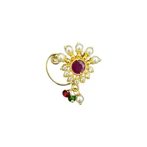 Traditional Maharashtrian Nose Ring, Gold-Plated Pearl Nath with Ruby Stone and Diamond Accents-Pearsing Not Required