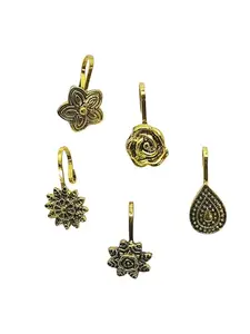 Femmibella Set Of 5 Gold Oxidised Clip On Nose Pins | Traditional Combo Nose Pin For Women and Girls