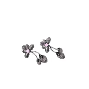 StylishKudi Baby Pink Stone Studded Flower Shaped Intricate Oxidised Earrings