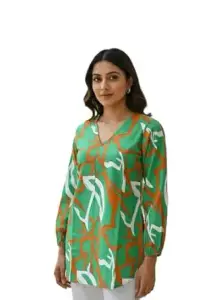 Women's Abstract Print V-Neck Blouse, Long Sleeve Tunic Top, Black Grey Orange Green Pattern, Casual Office Wear