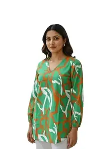Women's Abstract Print V-Neck Blouse, Long Sleeve Tunic Top, Black Grey Orange Green Pattern, Casual Office Wear