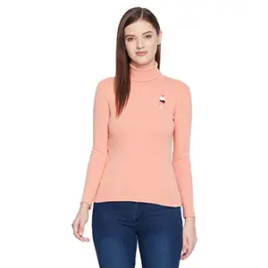 HYPERNATION Peach Color Cotton Women's High Neck T-Shirt(HYPW03332, M)