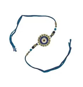 Traditional Evil Eye Rakhi Bracelet with Blue Thread and Beaded Design, Religious Protection Amulet