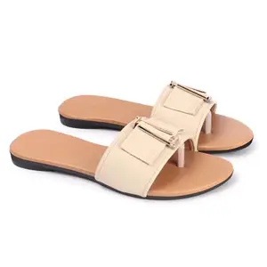 Womens Flat Slide Sandals Open Toe Slip On Sandals For Summer, Comfort Slippers Summer_Cream