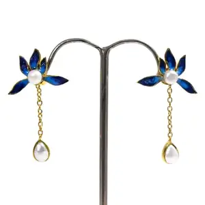 SILphony Gold-Plated Blue Enamel Lotus Drop Earrings with Pearl Accents Elegant Dangle Earrings for Women & Girls