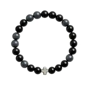 Zewar Hub Men's Glass & Stone Beaded Bracelet with Stainless Steel Cross Charm – Stretch Fit Spiritual Wristband for Casual & Formal Wear Size - (7 inches)