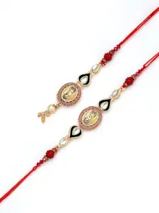 Adiva Pack of 3 Gold-Plated Kundan & Beads Handmade Lumba Rakhi, Raksha Bandhan Rakhi Gift Set with Roli Chawal, Chandan & Meshrei Card