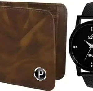 PIRASO Pack of Two New Look Black Dial Watch and Brown Leather Wallet Men&Boys
