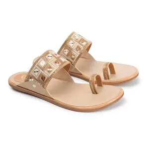 Ladies Hub Kolhapuri Chappal for Women – Stylish Slip-On Sandals, Comfortable Flat Heels Slippers, Beige-8UK