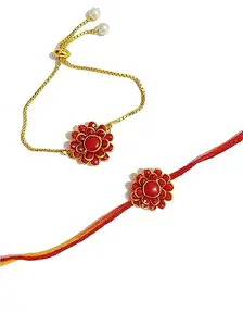 Traditional Bhaiya Bhabhi Rakhi Set, Yellow Floral Design with Lumba, Fashion Jewellery for Raksha Bandhan (Red Dora Flower)