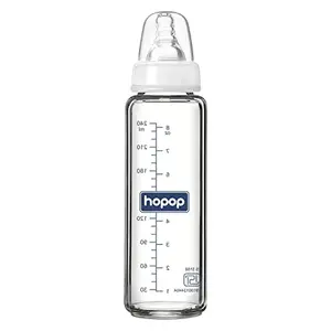 Hopop Slim Glass Feeding Bottle |Borosilicate Glass Anti Colic Nipple |BPA Free | Easy to Hold Baby Glass Feeding Bottle for 0m+ Newborn Babies/Infants/Toddler | (White, 250 ml)