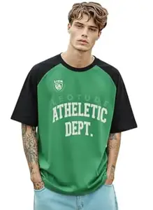 LEOTUDE Men's Half Sleeve Cottonblend Printed Colourblocked Round Neck Drop Shoulder Oversized Tshirt for Man (Color Red)