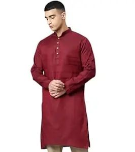 Majestic Man Men's Cotton Regular Fit Traditional Mandarin Collar Ethnic Motifs Solid Long Kurta