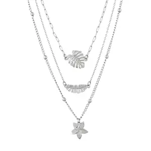 VOYLLA Hawaii Tropical Flora Multi-Layered Silver Necklace|Short Necklace For Women|Boho|Vacation|Travel|