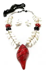 DeysCraft Handmade Cowrie Shell Necklace Set with Red Tribal Conch Pendant | Boho Statement Necklace with Earrings | Ethnic Festival Jewellery for Women | Navratri, Durga Puja, Garba