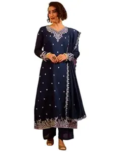 Naixa Women's Vichitra Silk Embroidered A-Line Kurta with Pant and Dupatta Sets (NX-845)