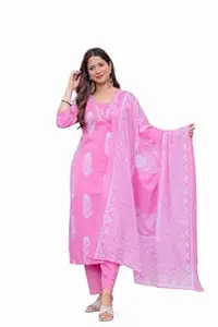 Rangnavi Women's Printed 100% Cotton Straight Kurta with Pants and Dupatta Set | Ethnic Set |Kurta Set