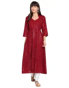 Women's Casual 3/4th Sleeve Chikan Embroidery Cotton Kurti (Maroon, 2XL)-PID48466