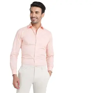 Raymond Men Slim Fit Plain Checks Pattern Pure Cotton Semi Cutaway Collar Full Sleeve Formal Shirt Orange