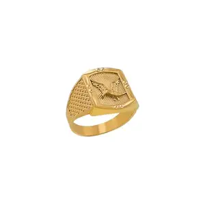 Men's Eagle Design Gold Ring, Hexagonal Shape, Textured Band