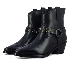 SaintG Womens Metal Studded Black Leather Ankle Boot