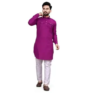 Khidmat Men's Cotton Blend Straight Solid Kurta (Pink, S)-PID45063