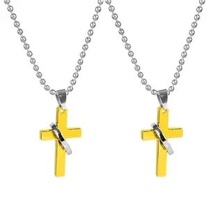 Airtick (Set Of 2 Pcs) Small Size Golden Color Unisex Stainless Steel Lord Holy Jesus Christ Cross Christian Isa Masih With Ring Locket Pendant Necklace With Chain