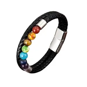 Blustone सात चक्र ब्रेसलेट Most Precious Black Braided Leather Men Bracelet Original Certified 7 चक्र Bracelet हाथ का ब्रेसलेट जेंट्स पुरुष Magnetic Clasp Seven Chakra Bracelets with Certificate