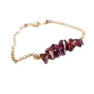 LKBEADS Gold Plated Bracelet with Red Rough Garnet Beads – Uncut Chips 3-6mm – 7 inch Adjustable – For Men & Women|LK_STACK_03347