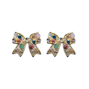 AccessHer Gold-Plated Bow Shaped Earrings with Multi-Colored Stones for Women & Girls – Elegant and Lightweight Design for Traditional and Ethnic Outfits
